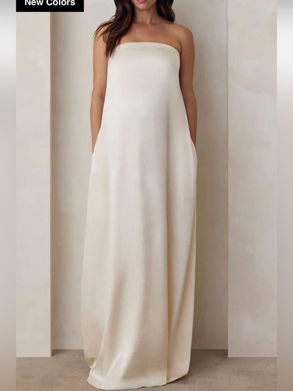 Minimalist Strapless Cream Maxi Dress with Hidden Pockets